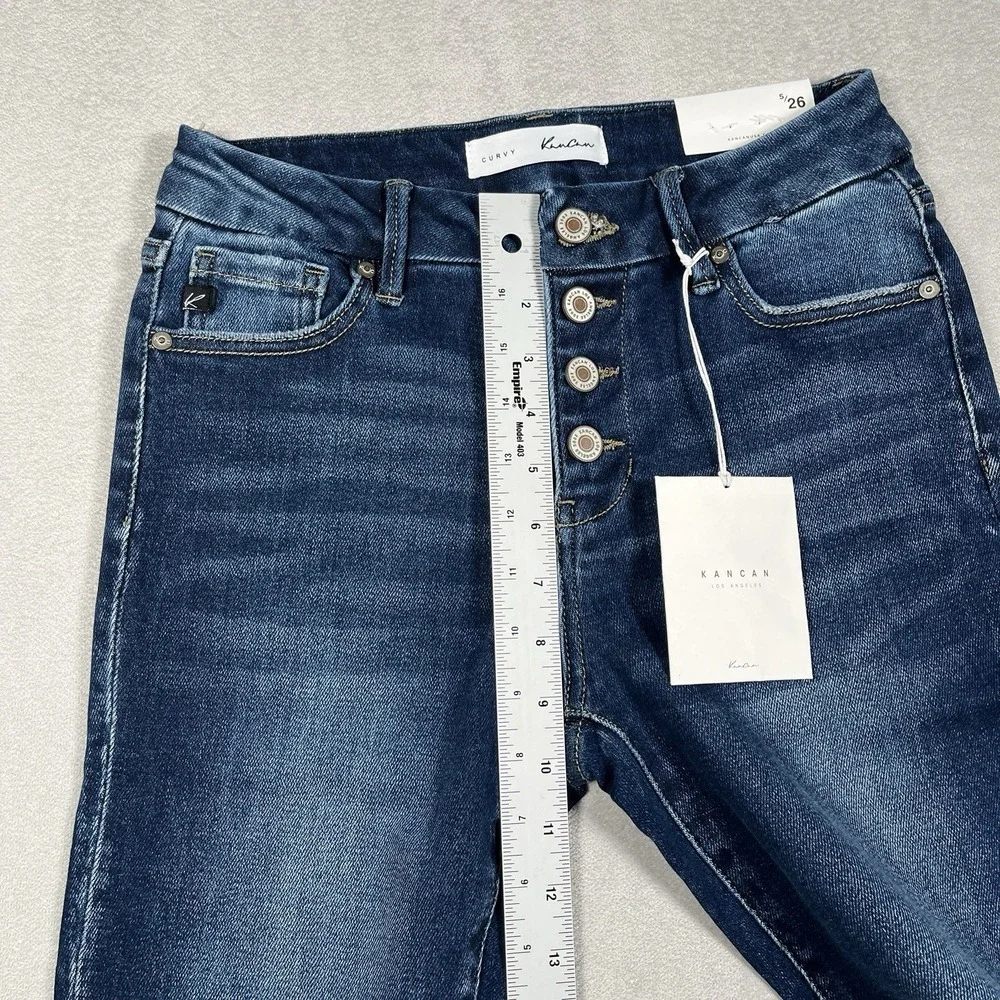 KanCan Curvy Skinny Jeans Women 5/26 Blue Distressed Exposed Button Fly *NWT‎